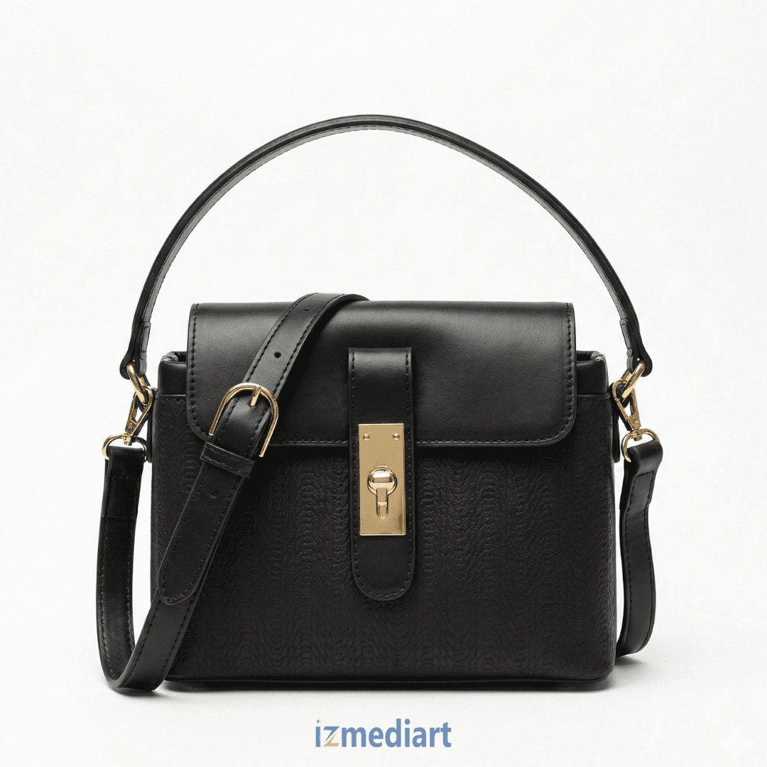 Luxury Black Textured Leather Box Bag – Classic Hand & Shoulder Bag with Gold Turn-Lock