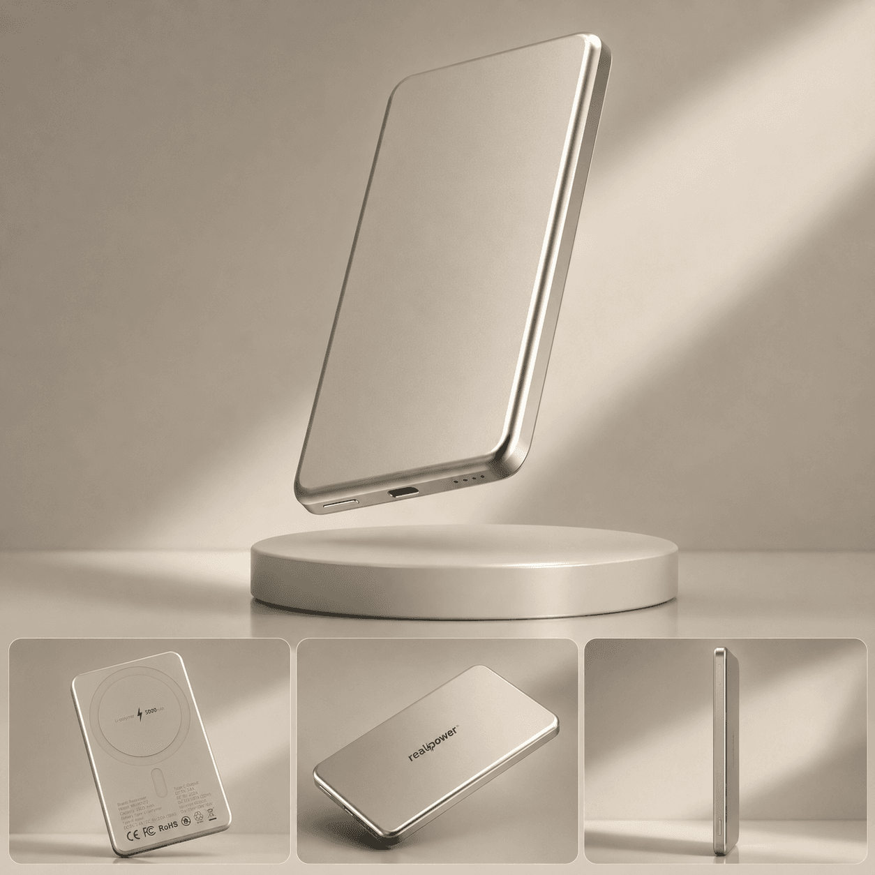 Realpower R Mag Slim 5000mAh MagSafe Power Bank – 20W Fast Charging with Charging Cable | Aluminum Gray